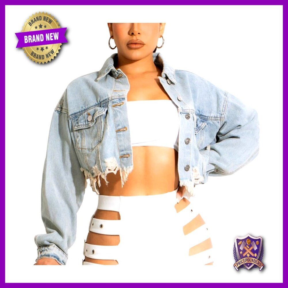 Cropped Denim Jacket Distressed Ripped Vintage Chic Casual Button Up Long Sleeve - Picture 1 of 6